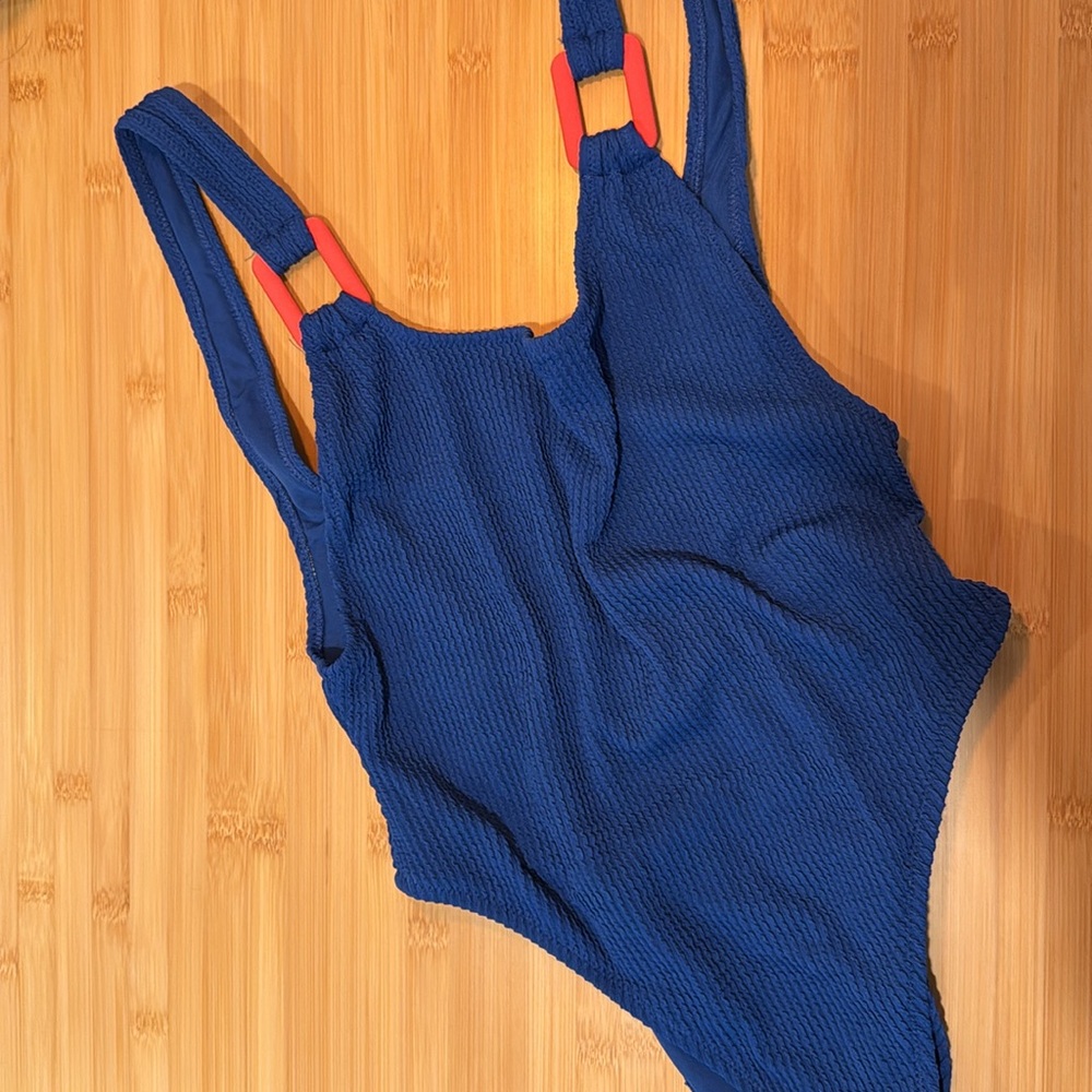 Blue One-Piece cheekiest Aerie Swimsuit with pink hardware